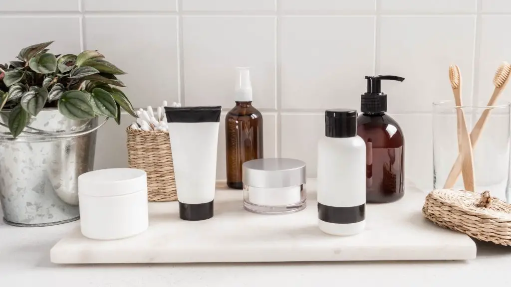 Various skin care products in washroom